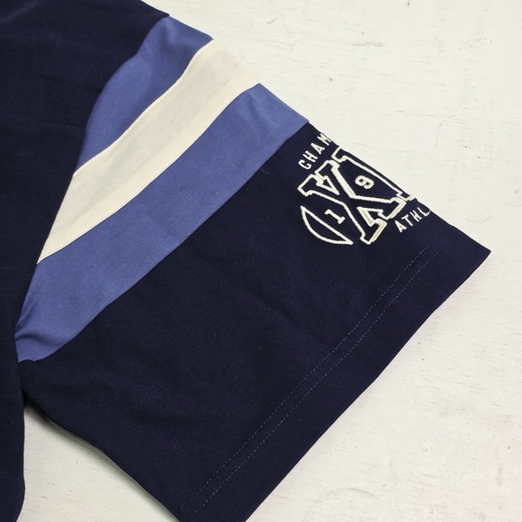 Champion Knitwear Men's V-Neck Retro Varsity Patch Jersey Shirt Navy Sz M NWT - Picture 7 of 14